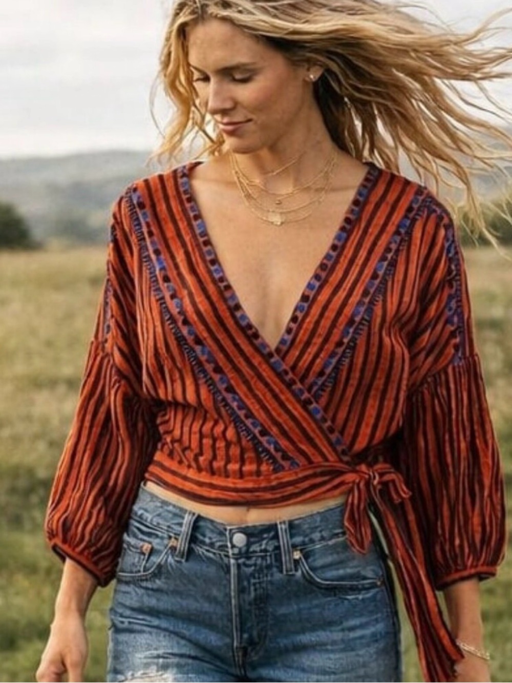 Free People Barcelona Nights Striped Wrap Top Rust Orange and Blue Small